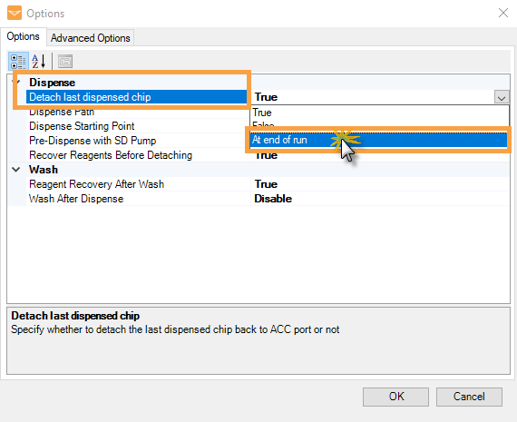 At End of Run Option in the Detach Last Dispensed Chip Setting
