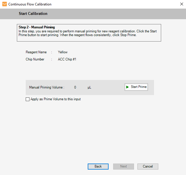Manual Priming Step in the Continuous Flow Calibration Wizard